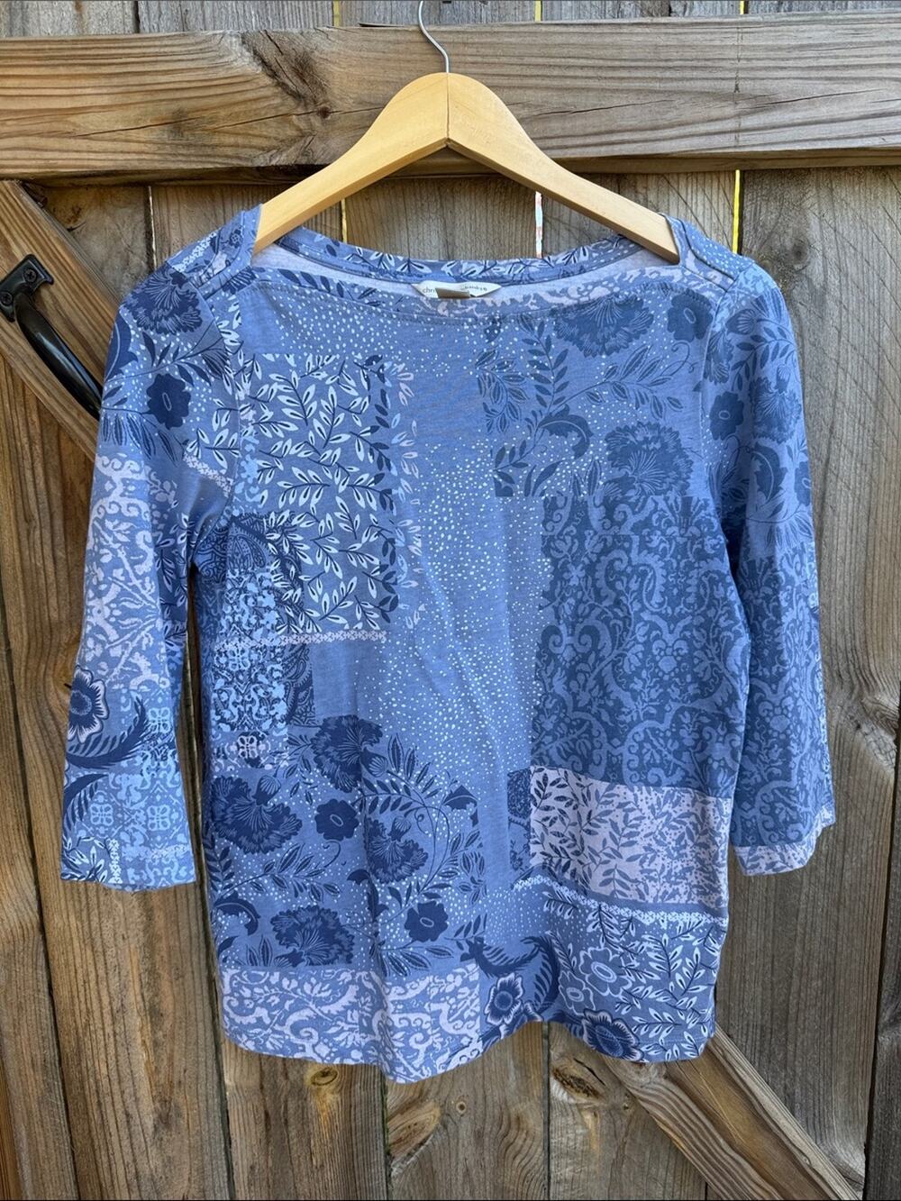 Christopher & Bands Floral Scroll Colorblock Knit Top Small Blue
